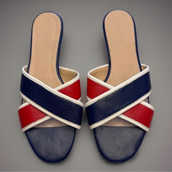 J Crew Leather Sandals Sz 7.5 Cora Criss Cross Patriotic 4th Of July Nautical - Picture 1 of 9